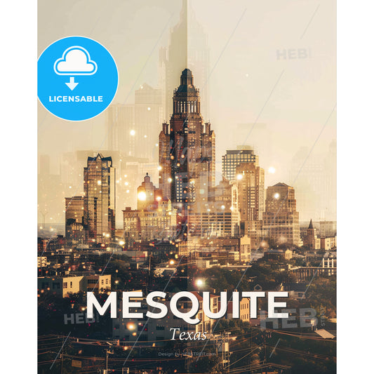 Mesquite, Texas: City Skyline Composite Art Poster - A city with many buildings - Square format print template