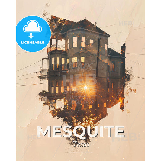 Mesquite Texas City Skyline Double Exposure Poster Art - A house with a reflection of the sun - Square format print template
