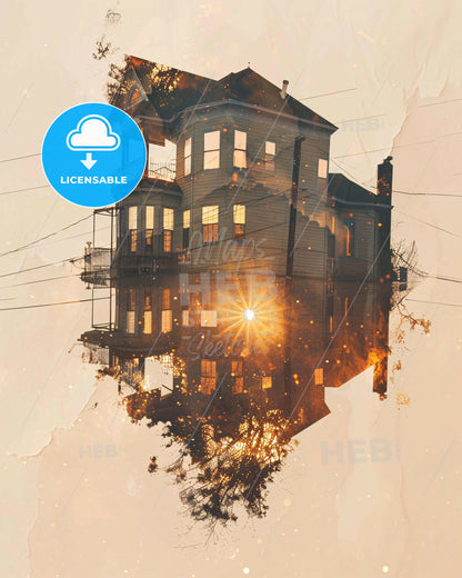 Mesquite Texas City Skyline Double Exposure Poster Art - A house with a reflection of the sun