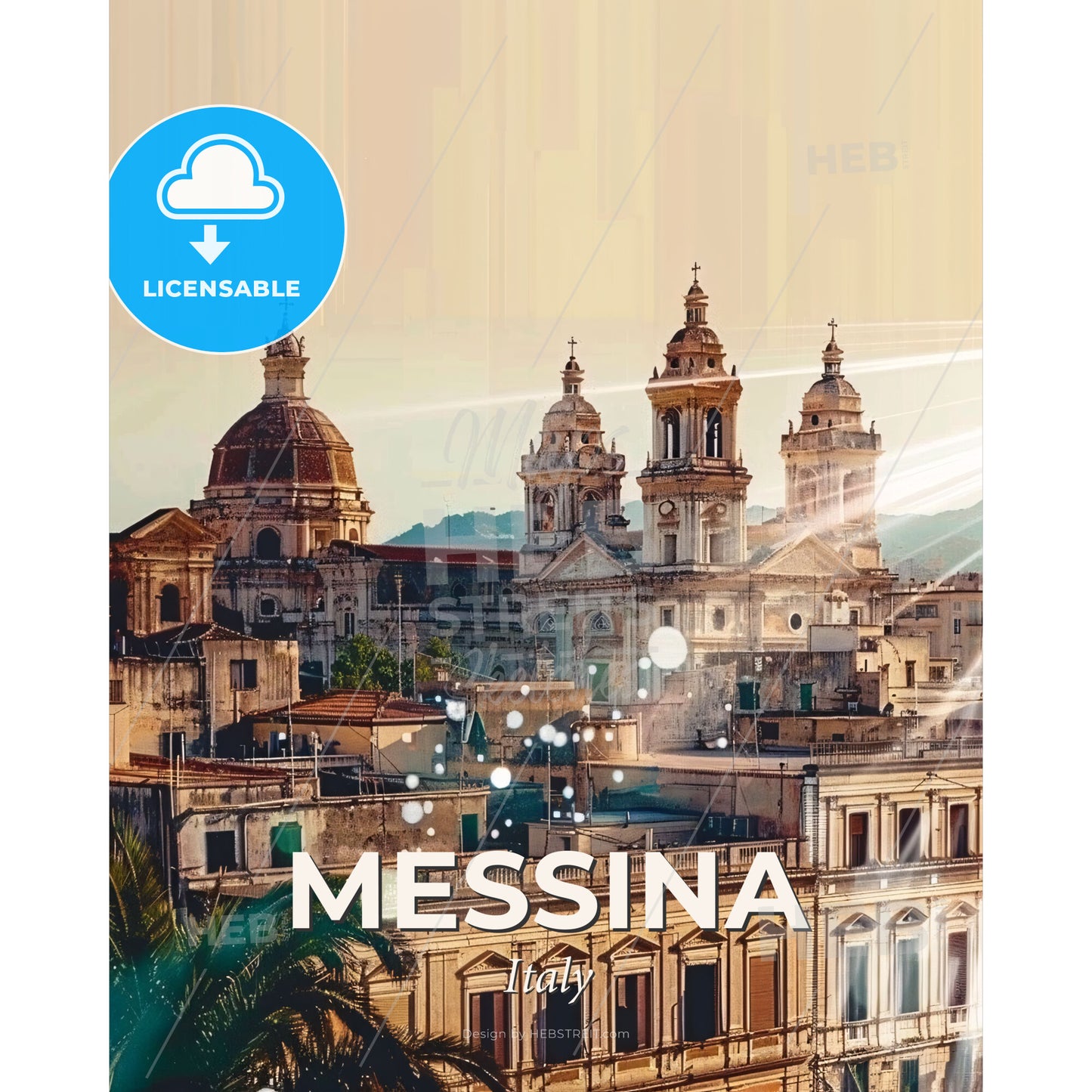 Messina Skyline Composite Art with Beige Background - A building with many domes and a few lights - Square format print template