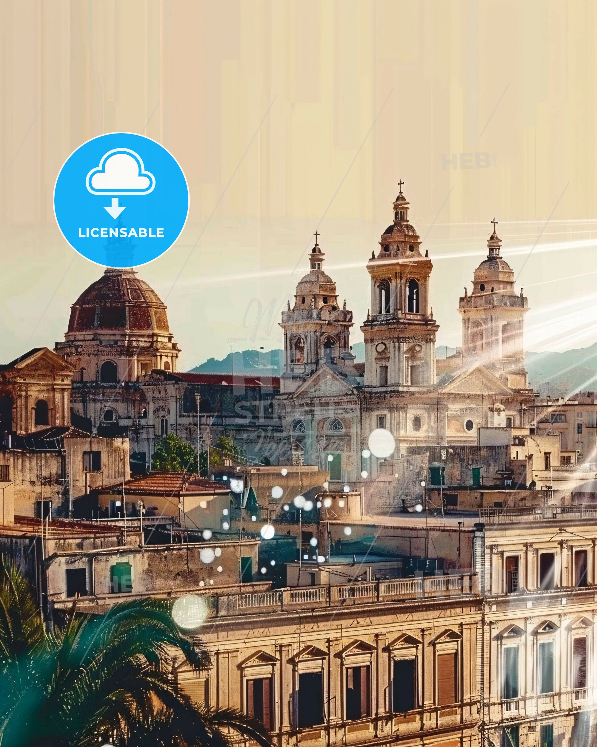 Messina Skyline Composite Art with Beige Background - A building with many domes and a few lights