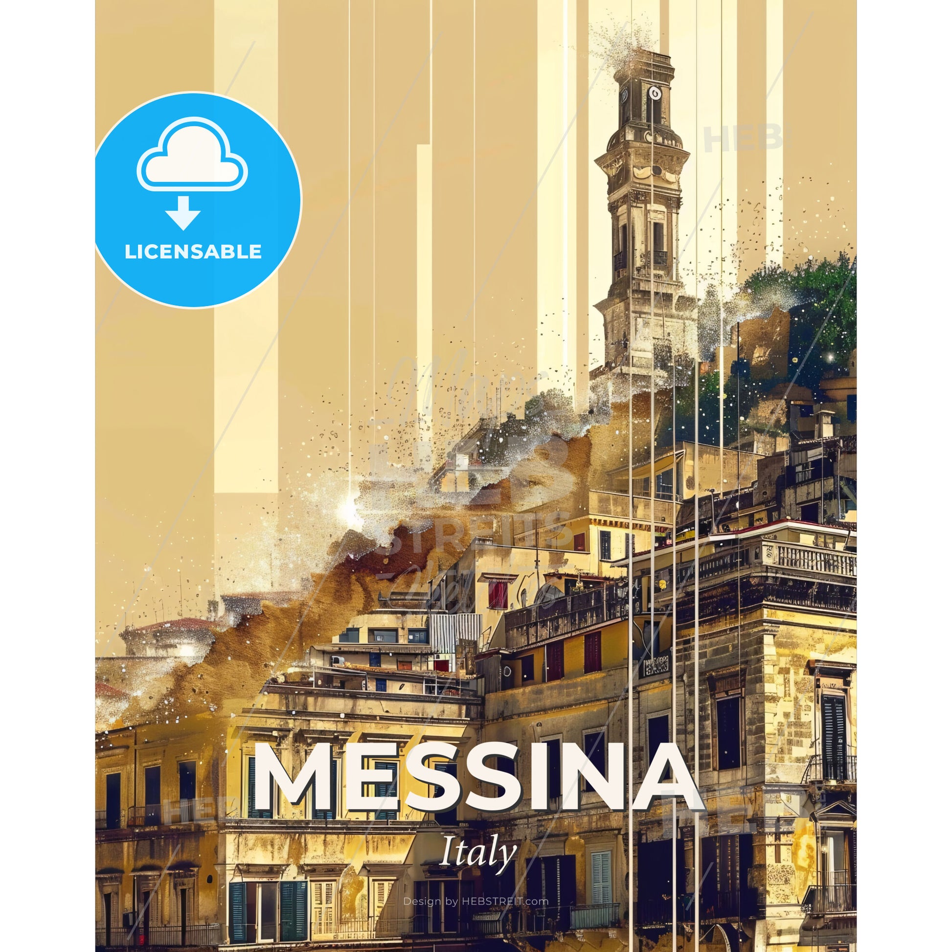 Messina City Art: Skyline and Icons - A building with a tower on top of it - Square format print template