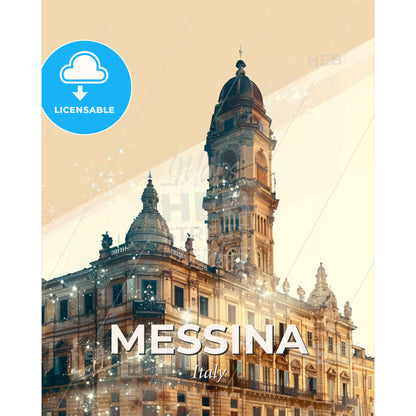 Mesina Skyline Composite Poster Design - A building with a tower - Square format print template