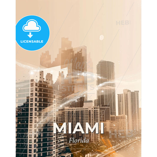 Miami Skyline Double Exposure Composite Art - A city skyline with many tall buildings - Square format print template
