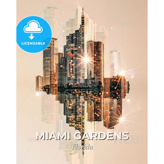 Miami Gardens Skyline Art: Local Icons in Beige - A city skyline with lights - Square format print template