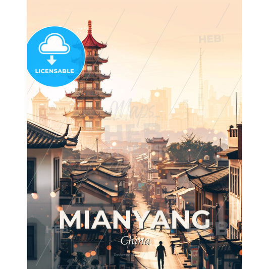Mianyang Double Exposure Skyline Poster - A city with a tall tower - Square format print template
