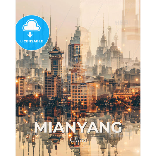 Mianyang: Bright Beige Beauty in Double Exposure - A city with many tall buildings and a body of water - Square format print template