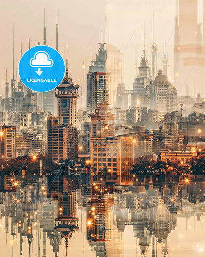 Mianyang: Bright Beige Beauty in Double Exposure - A city with many tall buildings and a body of water