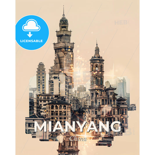 Mianyang Skylight Composite Art Poster - A city with many towers - Square format print template