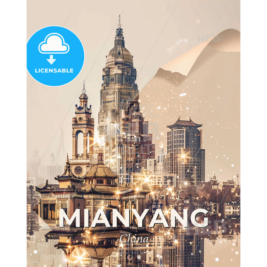 Mianyang, China: Skyline Artwork with Local Charm - A city with a large building - Square format print template