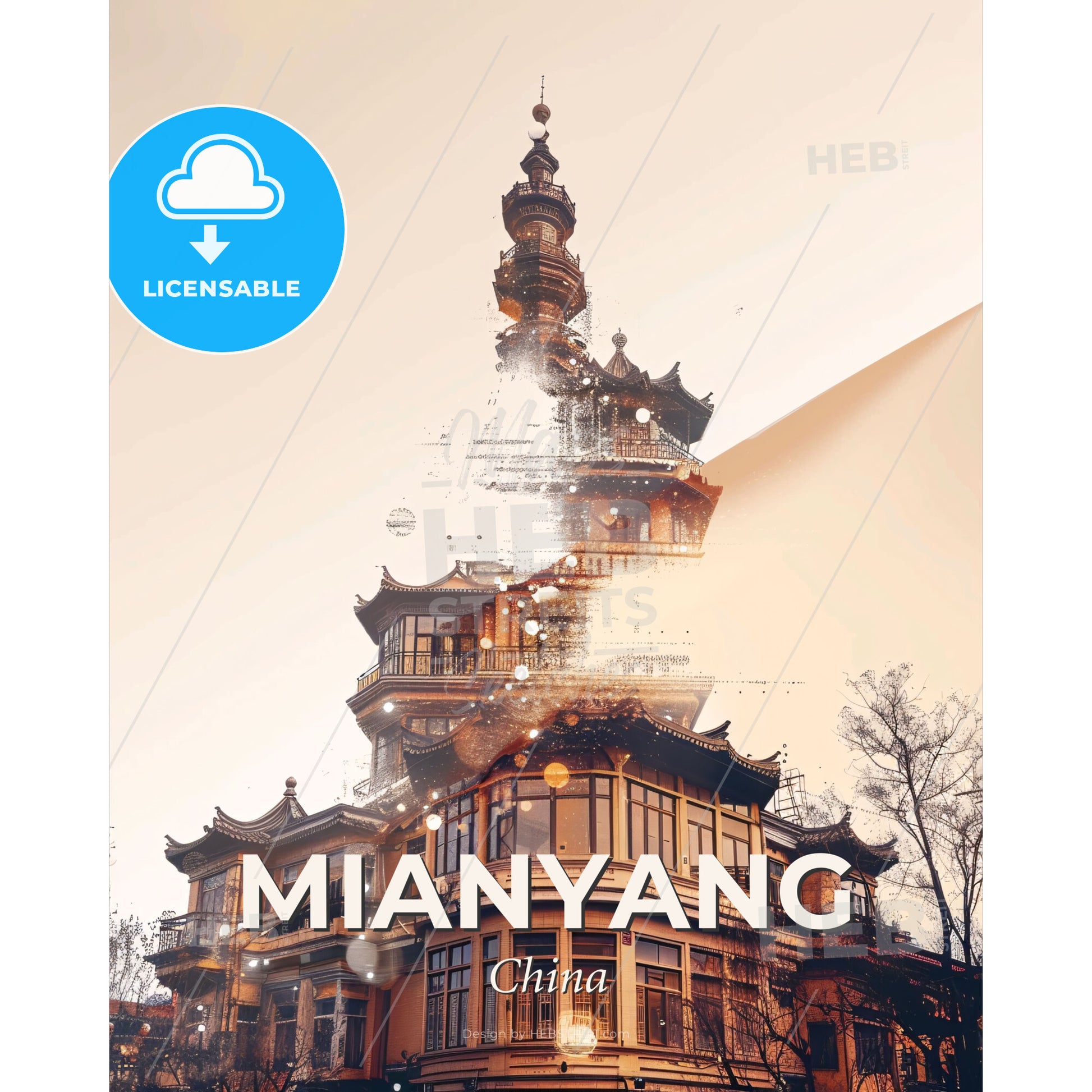 Mianyang Skyline Double Exposure Bright Beige Poster Art - A building with a tower - Square format print template