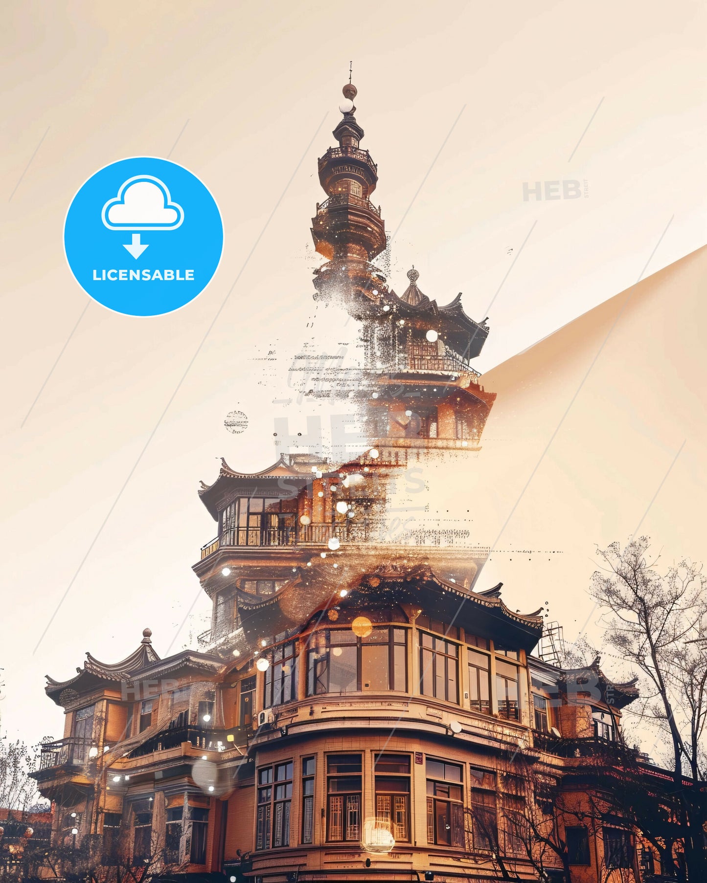 Mianyang Skyline Double Exposure Bright Beige Poster Art - A building with a tower
