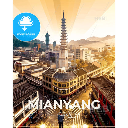 Mianyang Skyline Composite Art Bright Beige - A city with a tall tower - Square format print template