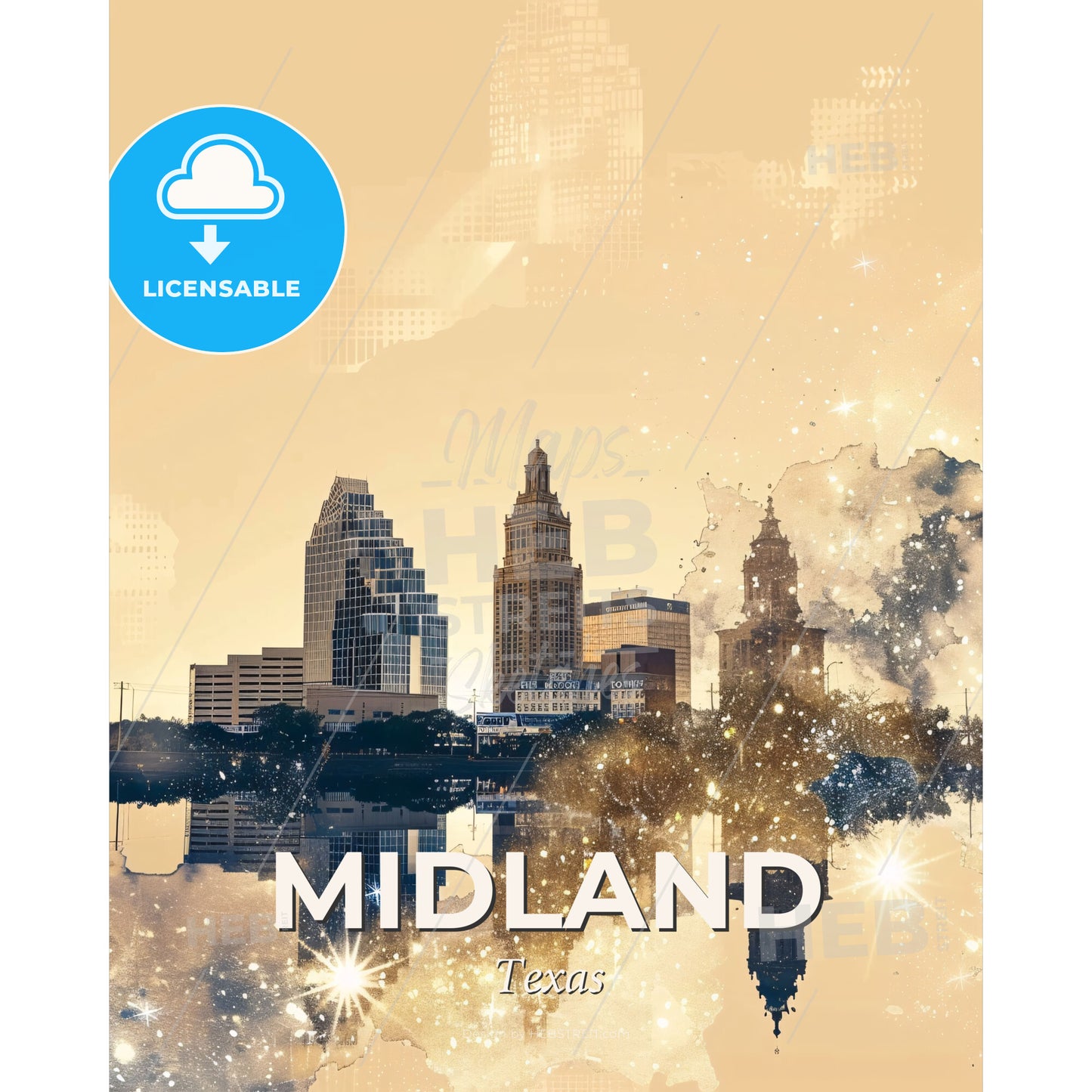 Midland, Texas: Urban Lightscape Poster Art - A city skyline with a reflection of the water - Square format print template