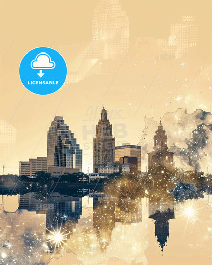 Midland, Texas: Urban Lightscape Poster Art - A city skyline with a reflection of the water