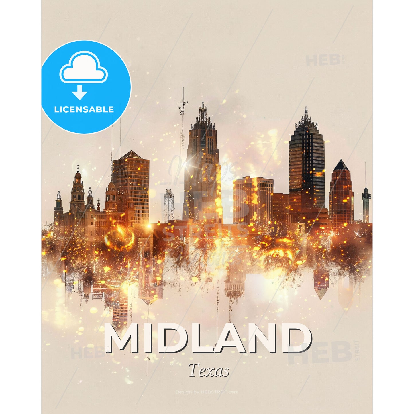 Midland Cityscape Art: Local Hues, Sparkling Night - A city skyline with lights - Square format print template