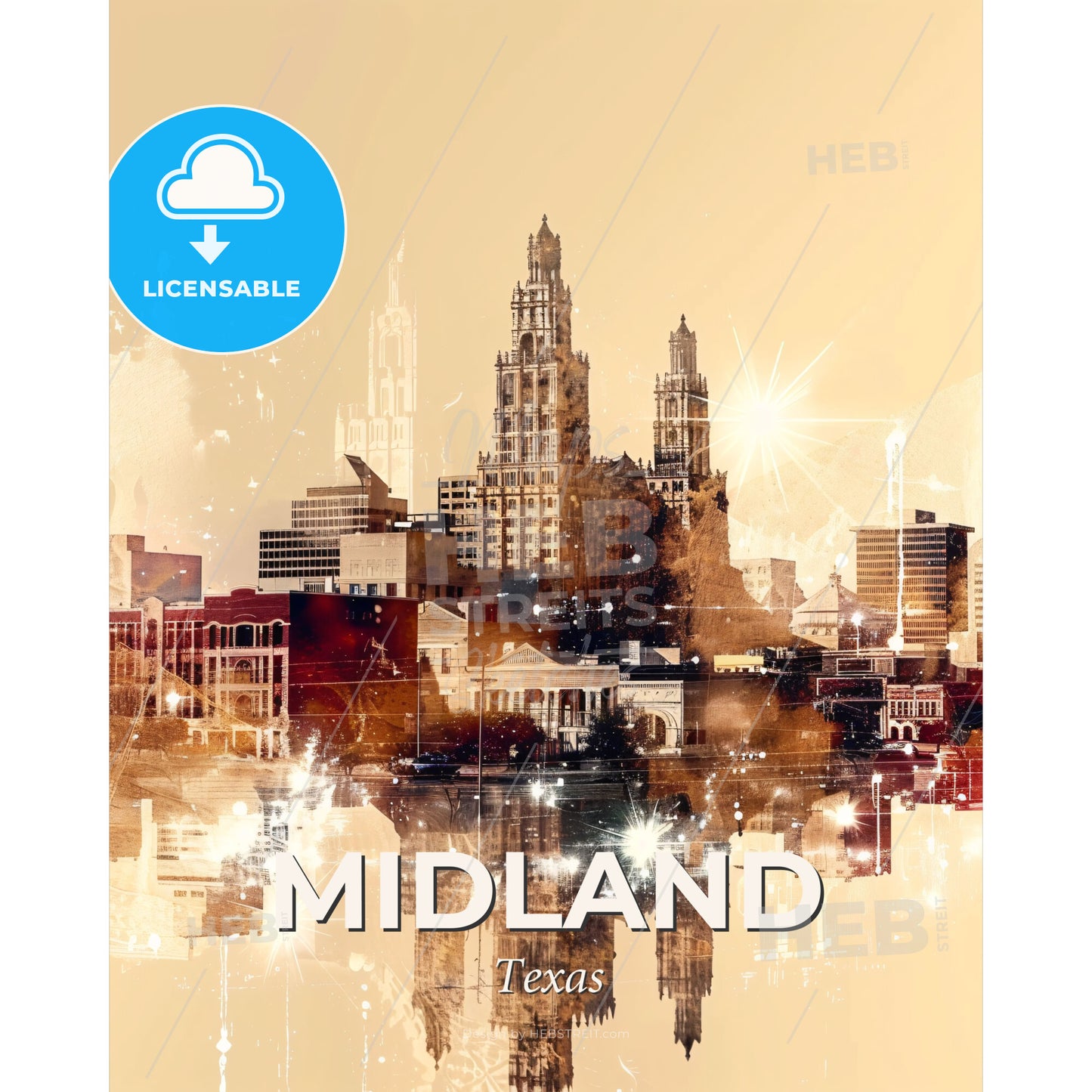 Midland Skyline Double Exposure Composite Art Print - A city skyline with many buildings and a reflection of the sun - Square format print template