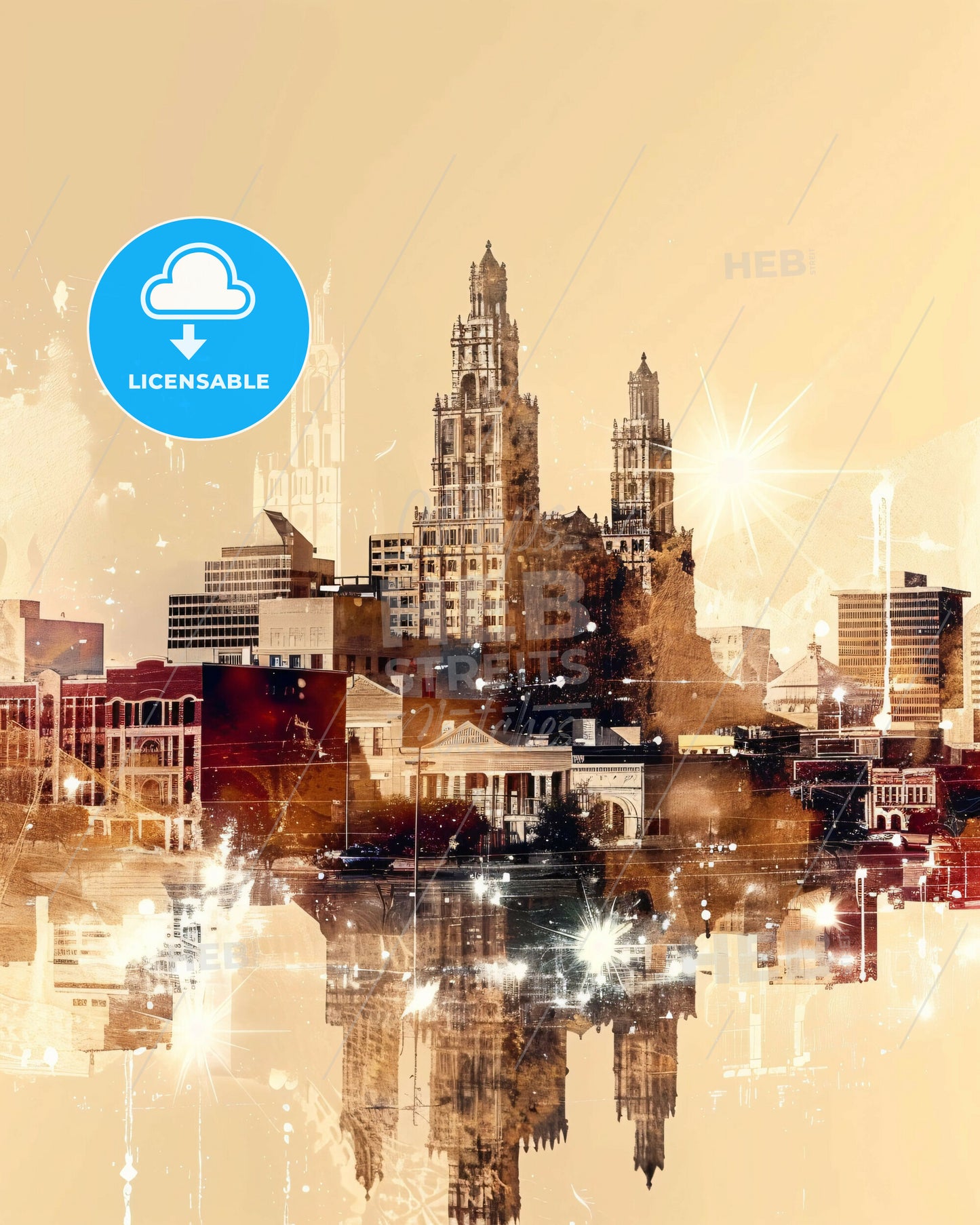 Midland Skyline Double Exposure Composite Art Print - A city skyline with many buildings and a reflection of the sun