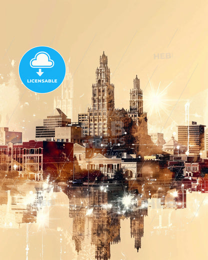 Midland Skyline Double Exposure Composite Art Print - A city skyline with many buildings and a reflection of the sun