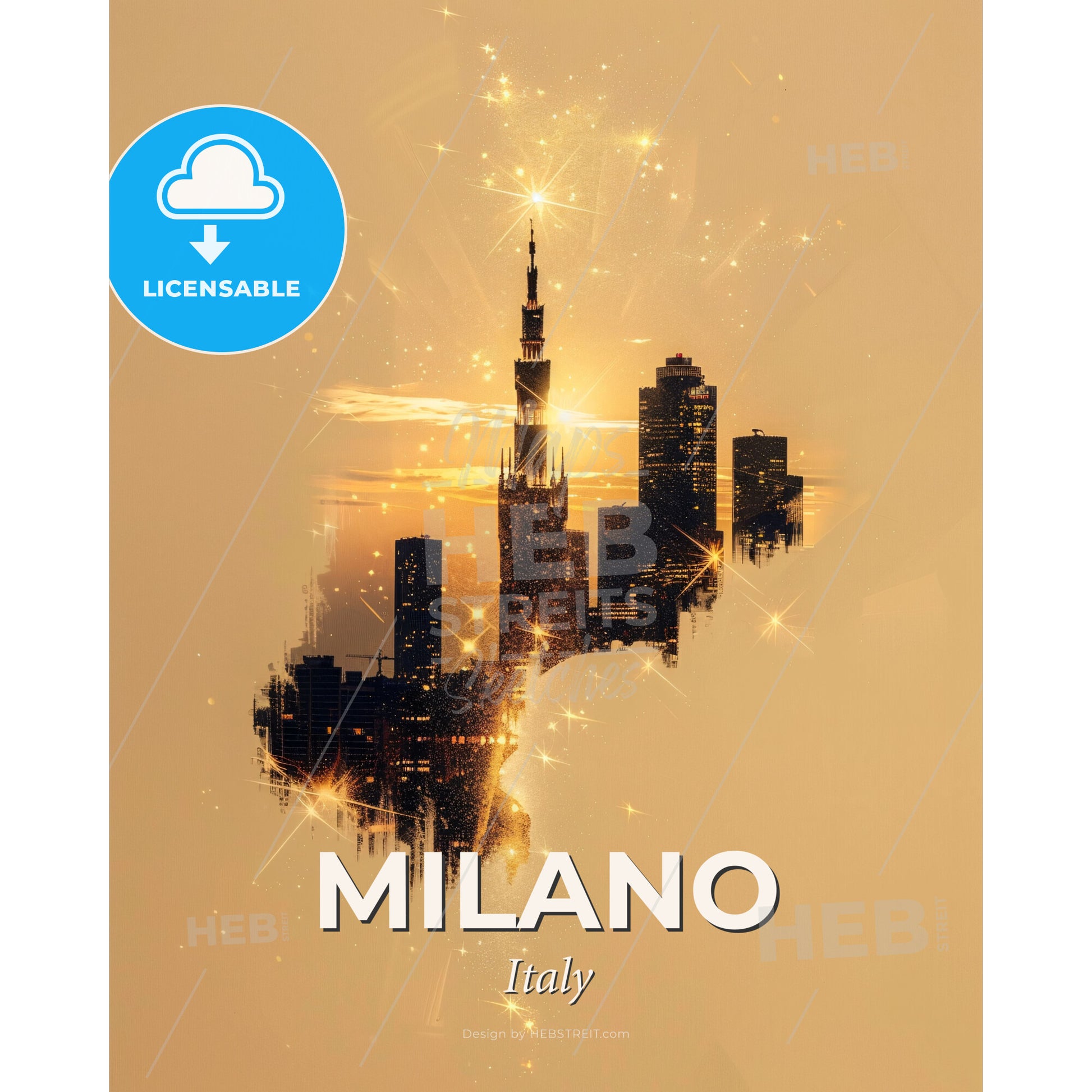 Milan City Icons Backlit Skyline Giclée Poster - A silhouette of a city - Square format print template