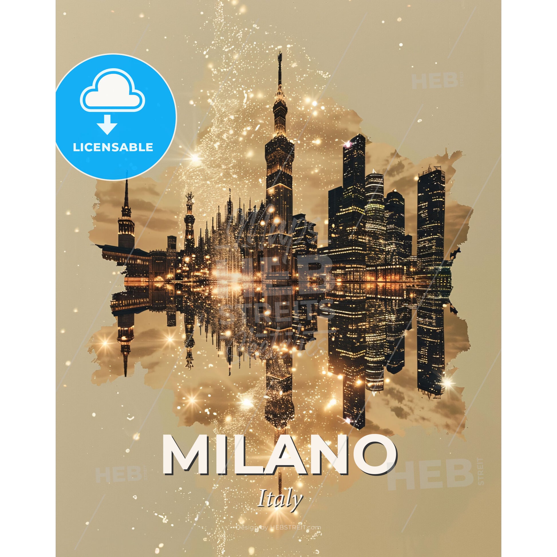 Milan Skyline Double Exposure Art Composite - A city skyline with lights reflecting in water - Square format print template