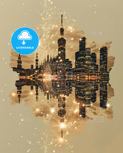 Milan Skyline Double Exposure Art Composite - A city skyline with lights reflecting in water