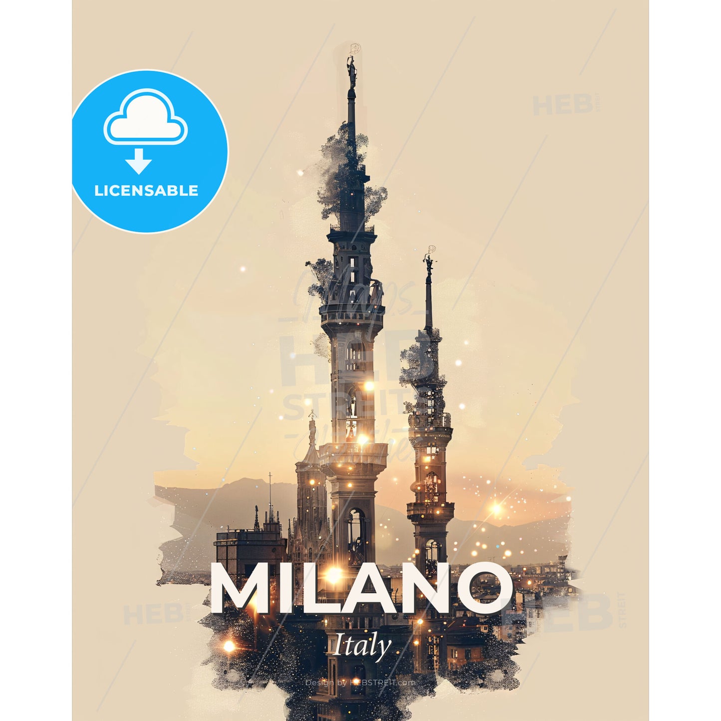 Milan Urban Icons in City Light Panorama - A tower with towers and a statue on top - Square format print template