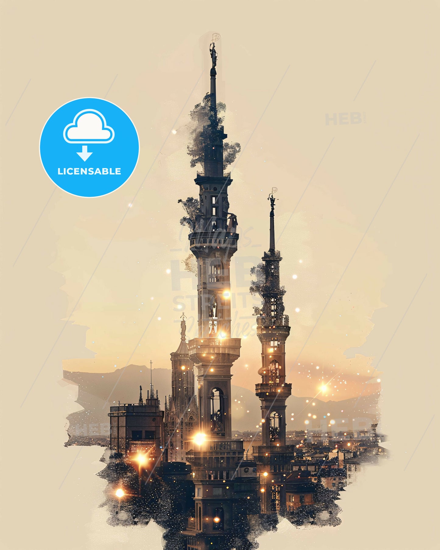 Milan Urban Icons in City Light Panorama - A tower with towers and a statue on top