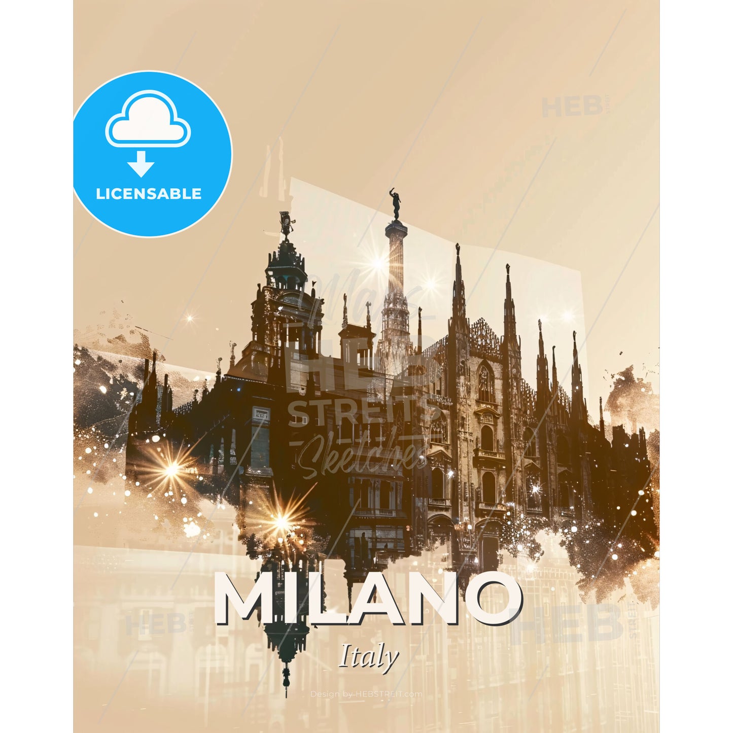 Milan City Icons in Silhouette Double Exposure - A building with a statue and a tower - Square format print template