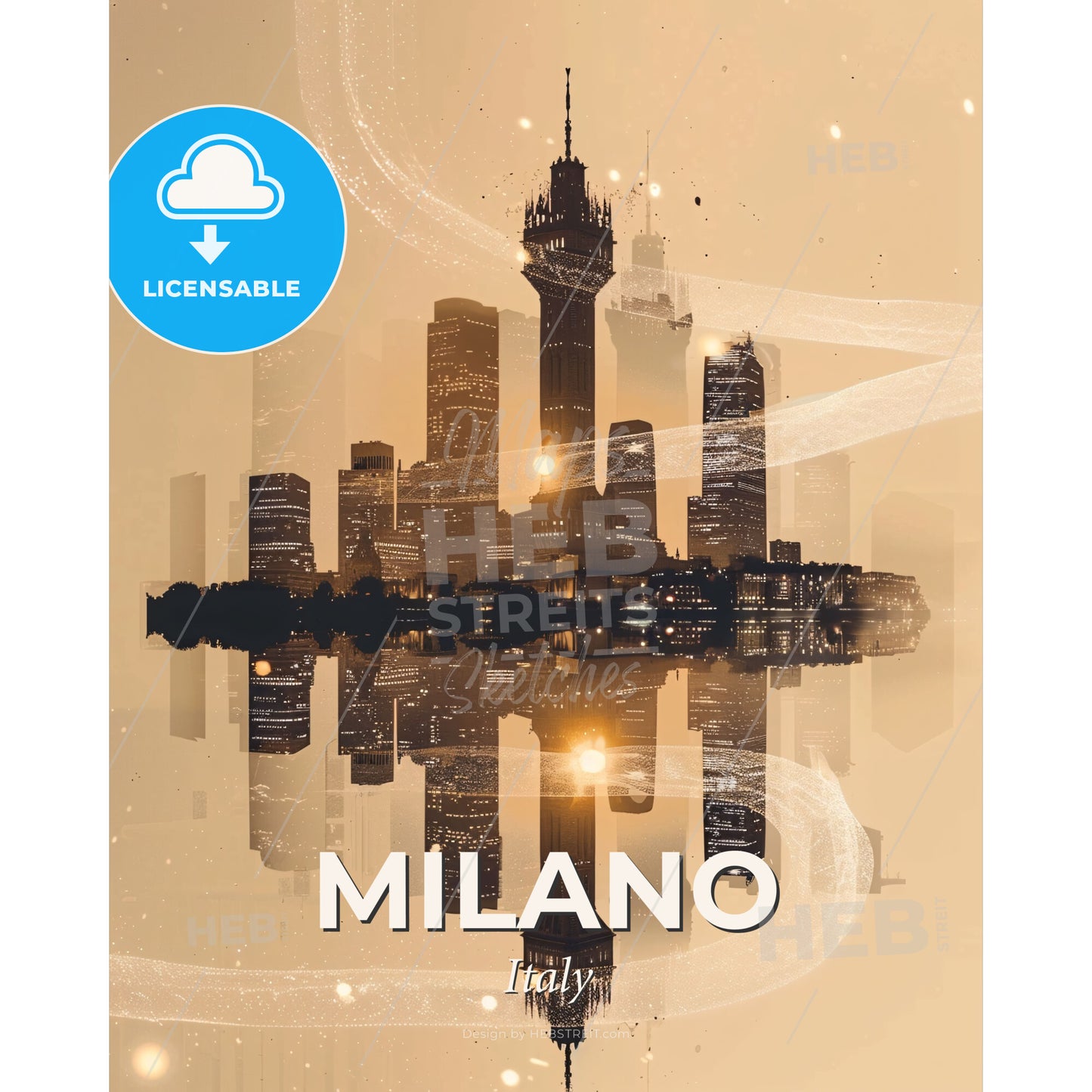 Milan Cityscape Composite Art with Glittering Sparkles - A city skyline with lights reflecting in water - Square format print template