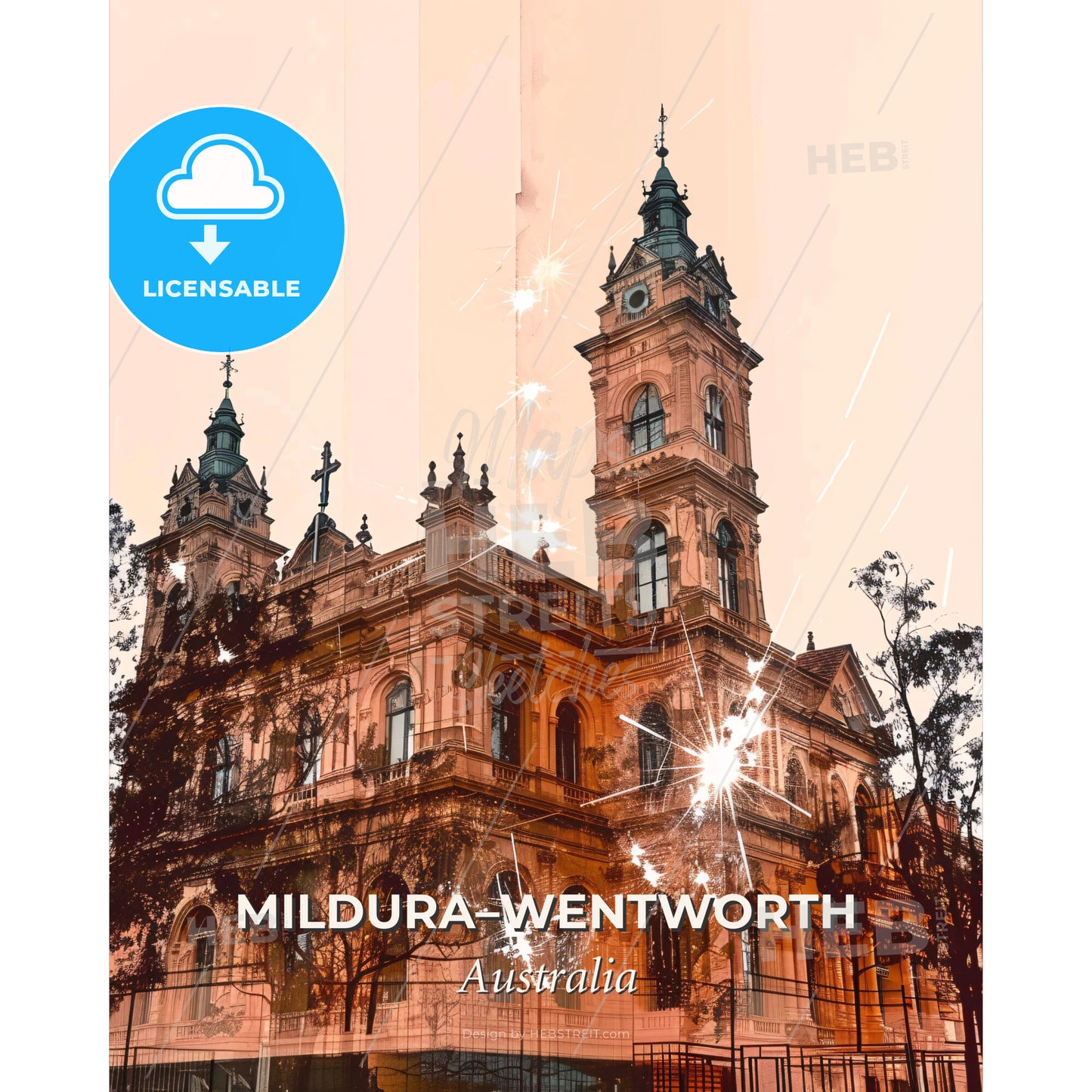 Mildura–Wentworth: Double Exposure City Icons - A building with many windows - Square format print template