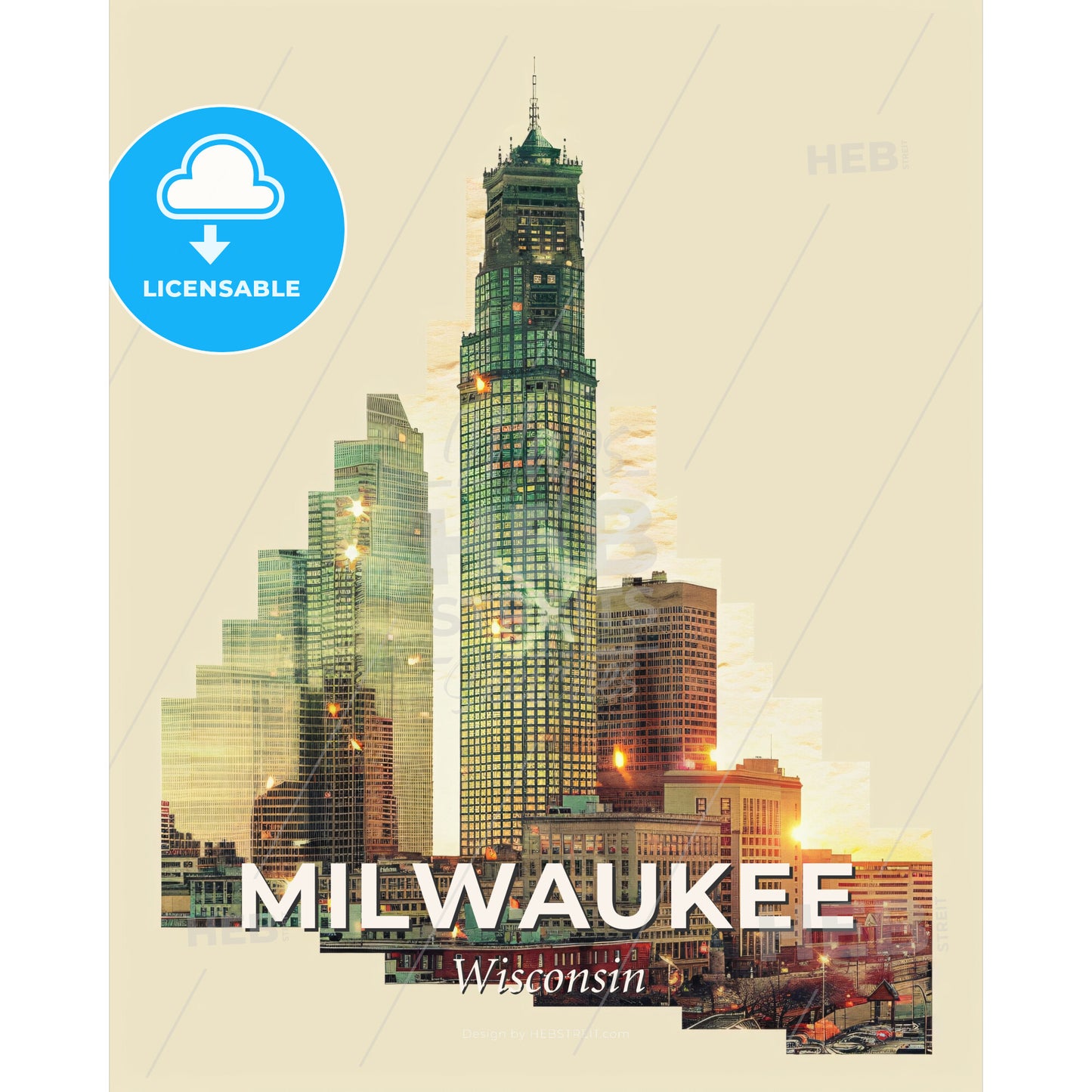 Milwaukee, Wisconsin: Skyline City Sparkle - A city skyline with many tall buildings - Square format print template