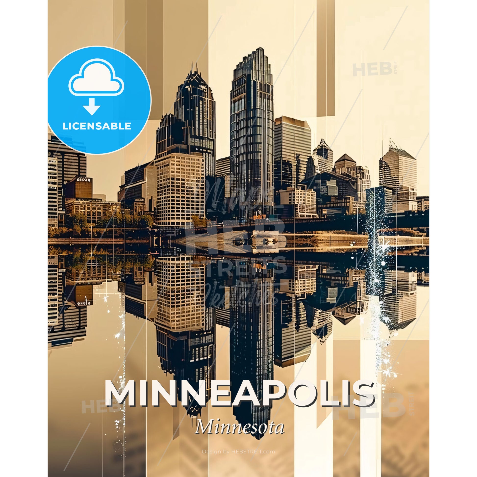 Minneapolis. Downtown Skyline by night. Bright beige background, sparkles. - A city with a bridge and water - Square format print template