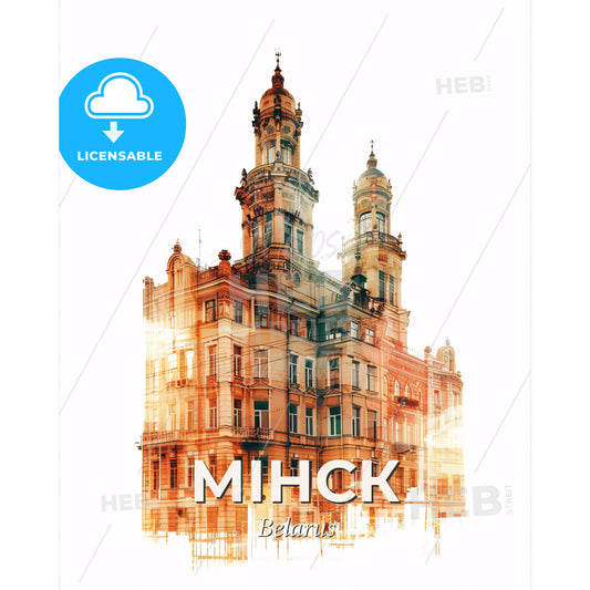 Minsk Belarus Skyline Cityscape Poster Art Bright Beige - A double exposure of a building - Square format print template
