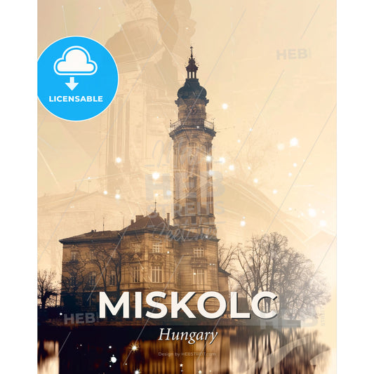 Miskolc City Skyline Panorama Double Exposure Art Poster - A building with a tower and a body of water - Square format print template