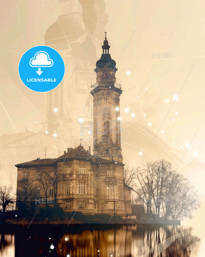 Miskolc City Skyline Panorama Double Exposure Art Poster - A building with a tower and a body of water