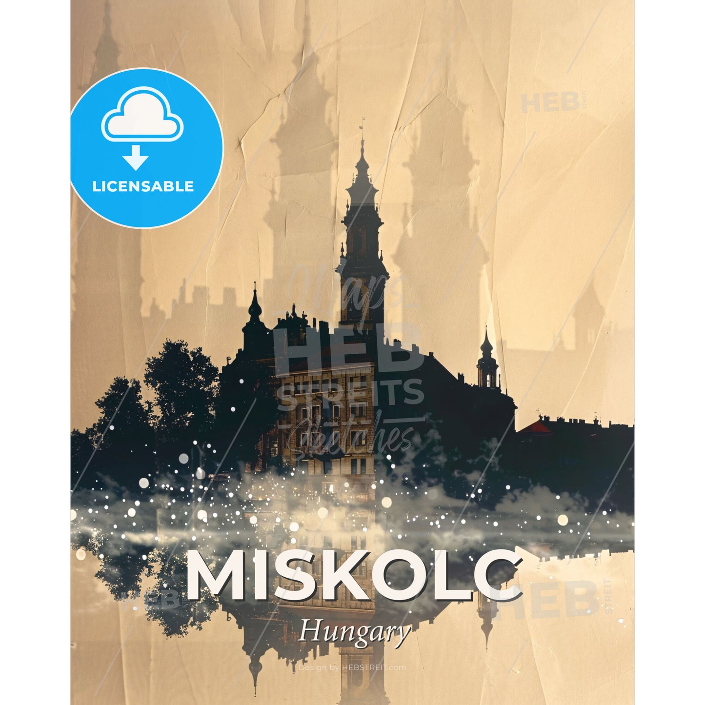 Miskolc Sky Silhouette, Iconic City, Art Deco Poster - A building with a tower and trees reflected in water - Square format print template