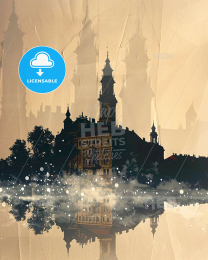 Miskolc Sky Silhouette, Iconic City, Art Deco Poster - A building with a tower and trees reflected in water