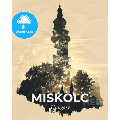 Miskolc Skyline Cityscape Double Exposure Print - A silhouette of a building with trees and lights - Square format print template