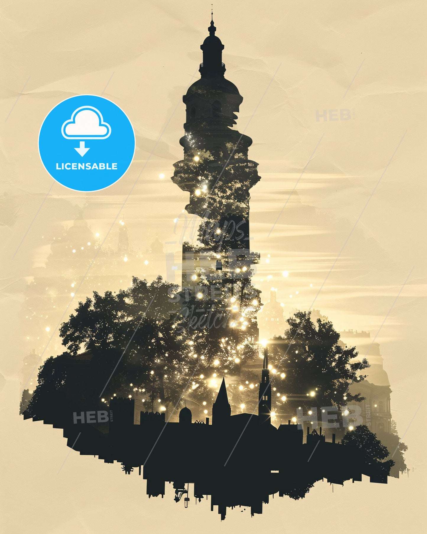 Miskolc Skyline Cityscape Double Exposure Print - A silhouette of a building with trees and lights