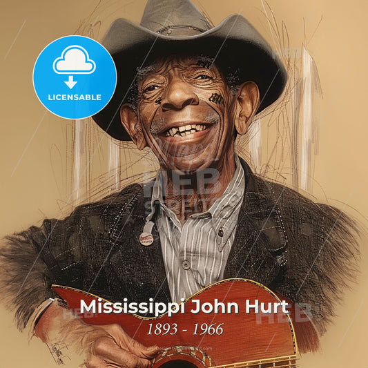 Mississippi John Hurt, 1893 - 1966, American blues singer and guitarist - A Man In A Cowboy Hat Holding A Guitar Print Template