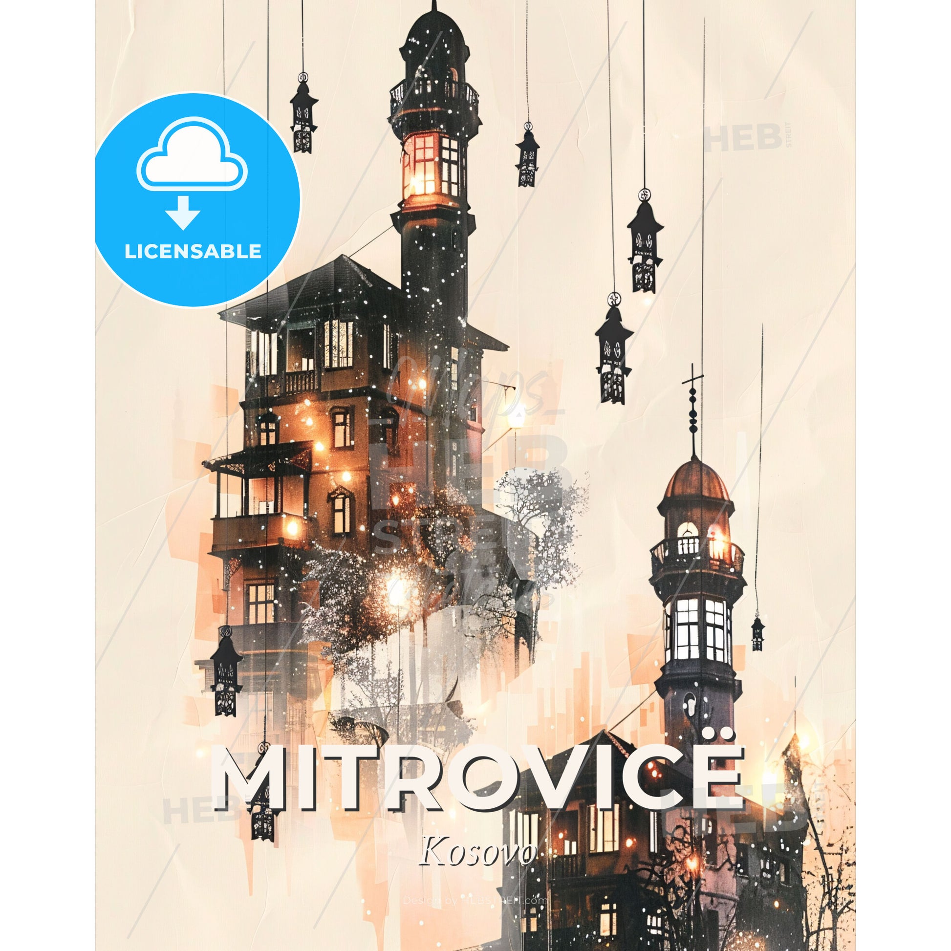 Mitrovica Skyline Art: Iconic Architecture, Beige Elegance - A building with lanterns from the ceiling - Square format print template