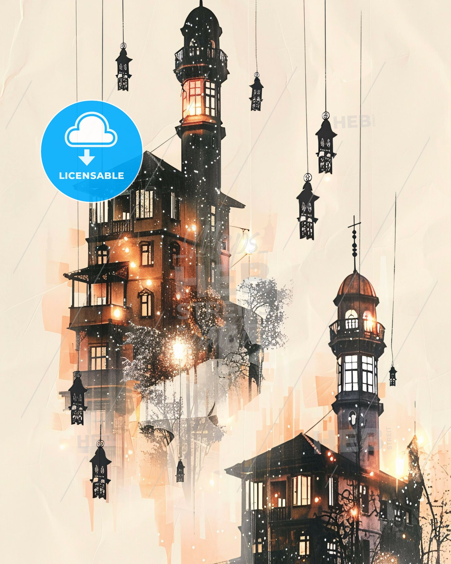 Mitrovica Skyline Art: Iconic Architecture, Beige Elegance - A building with lanterns from the ceiling