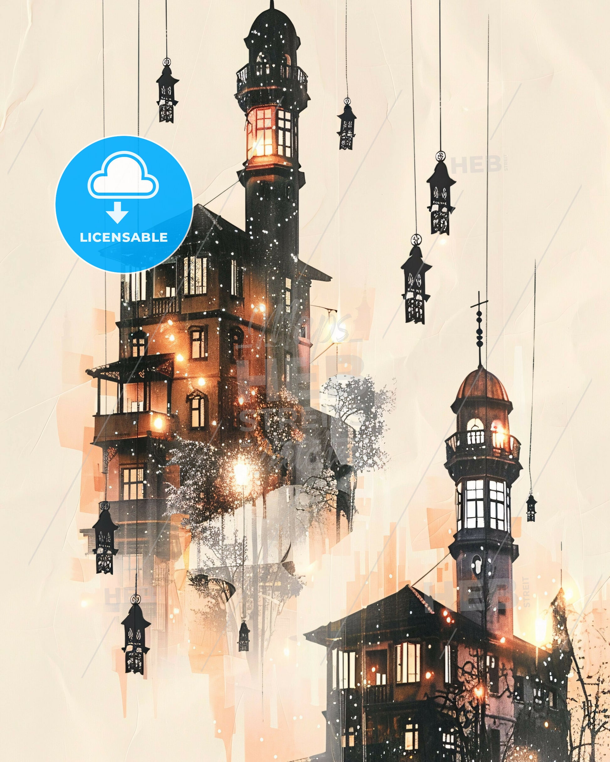 Mitrovica Skyline Art: Iconic Architecture, Beige Elegance - A building with lanterns from the ceiling