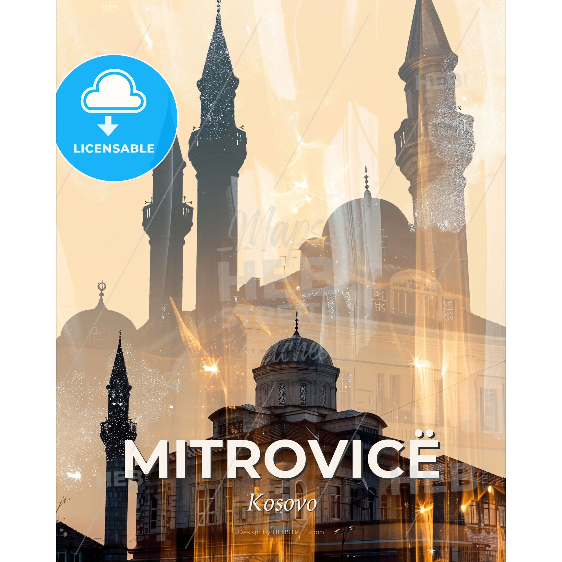 Mitrovica Kosovo Double Exposure Skyline Architecture Art - A building with towers and towers - Square format print template