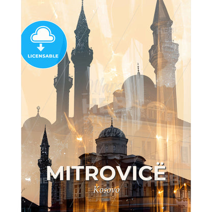 Mitrovica Kosovo Double Exposure Skyline Architecture Art - A building with towers and towers - Square format print template