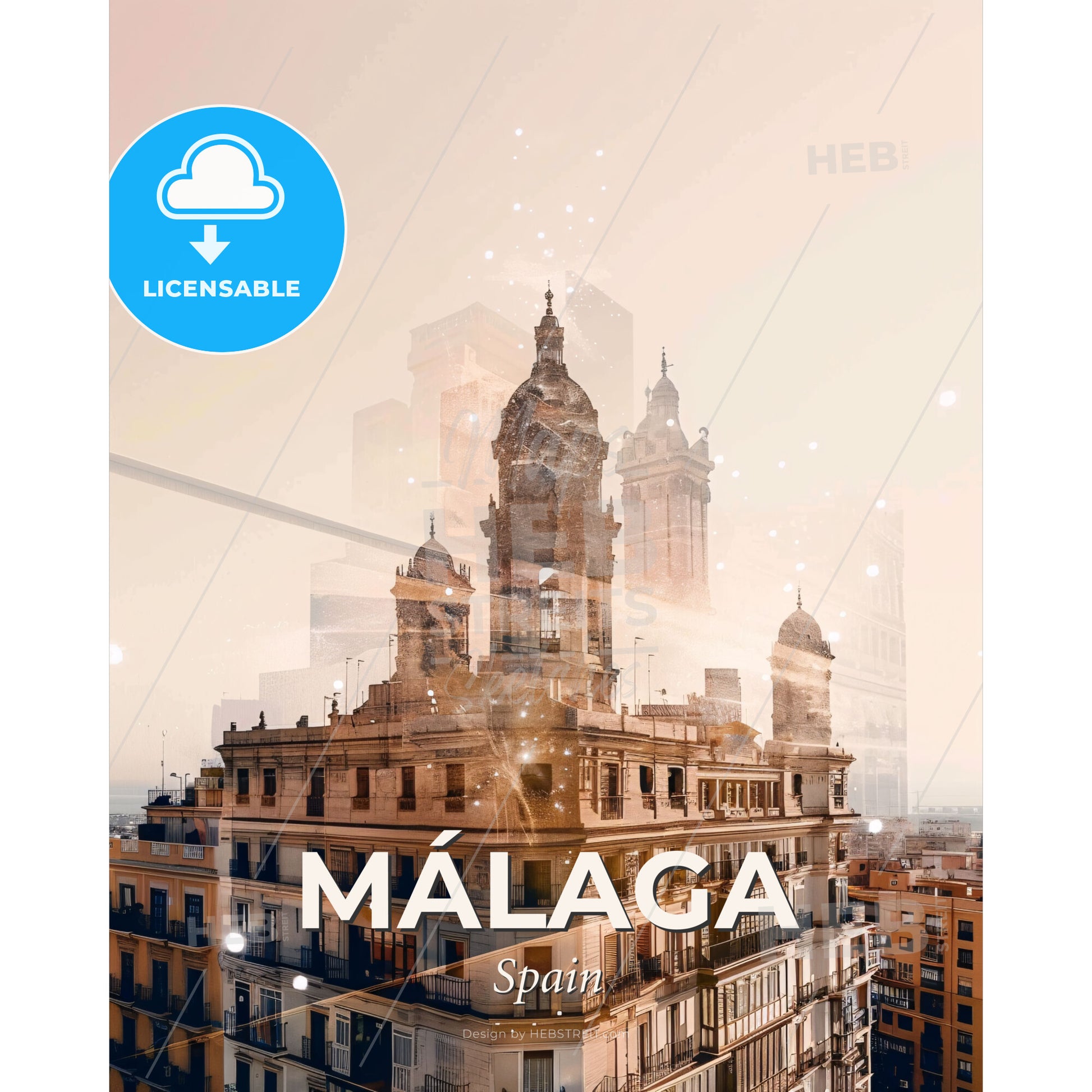 Málaga Skyline Double Exposure Composite Art Print - A building with towers and a city skyline - Square format print template