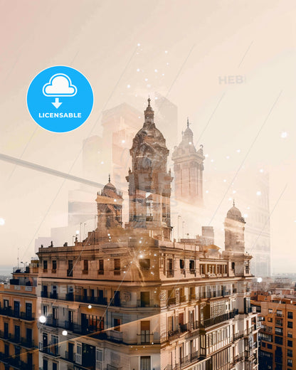 Málaga Skyline Double Exposure Composite Art Print - A building with towers and a city skyline