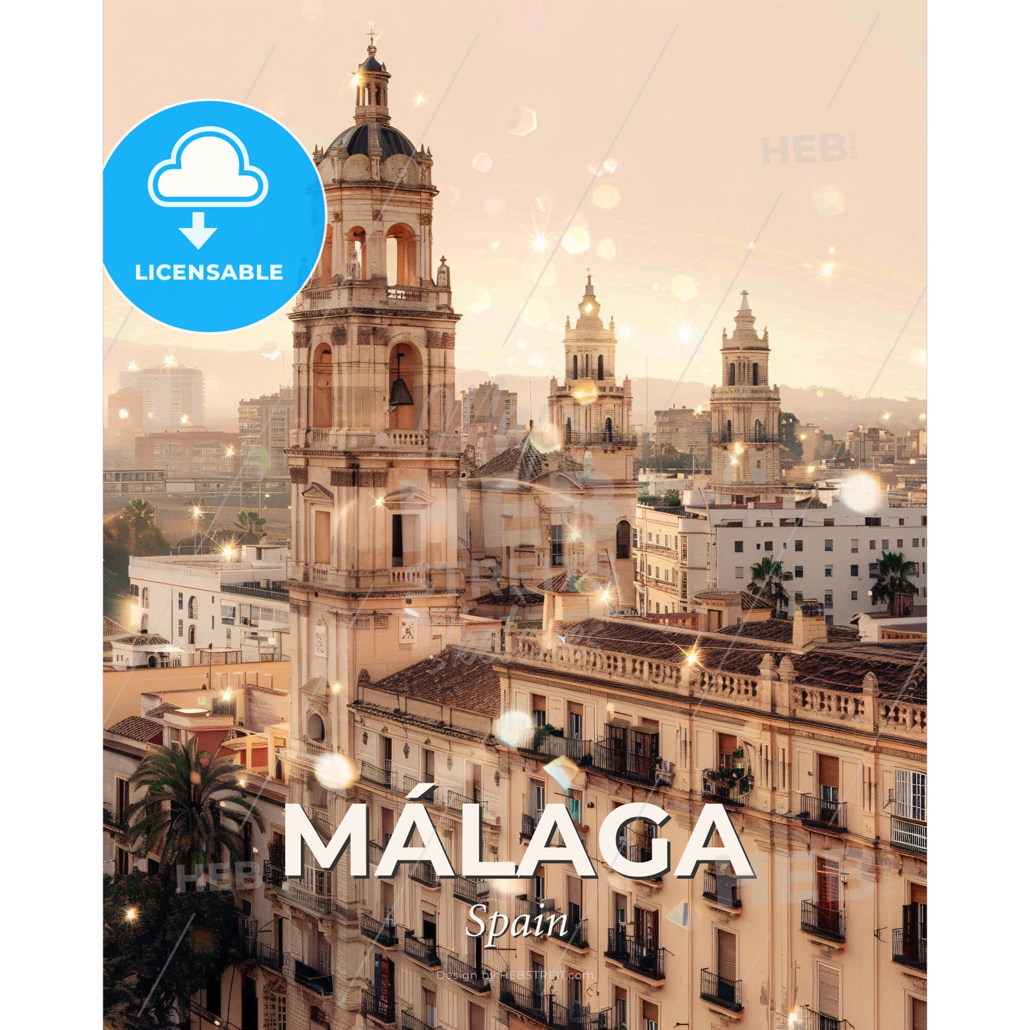 Málaga City Lights: Double Exposure Skyline - A large building with a bell tower - Square format print template