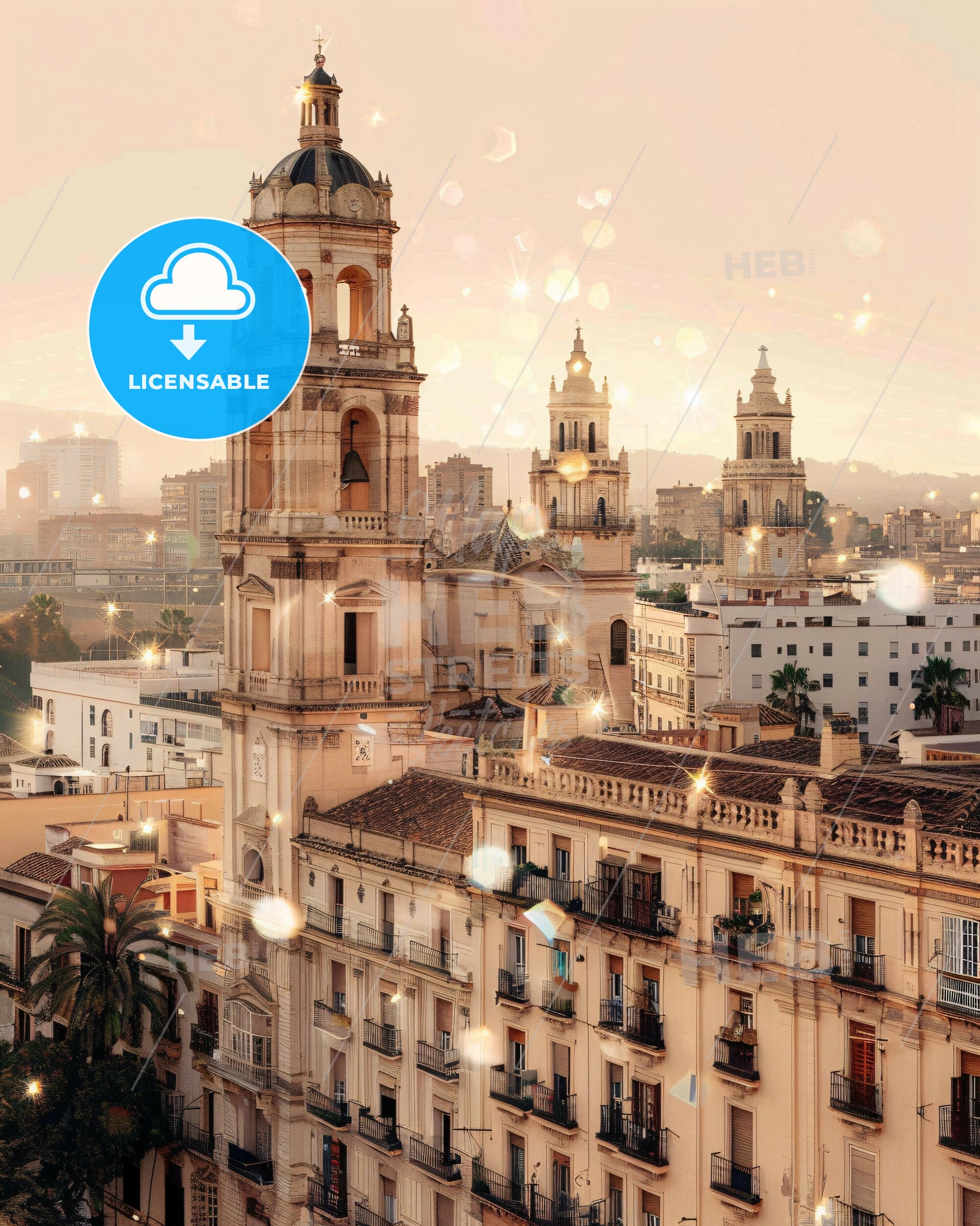 Málaga City Lights: Double Exposure Skyline - A large building with a bell tower